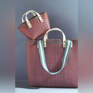 Anthropologie Red and Blue Woven Tote Set